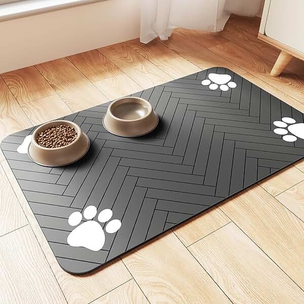 Pet Feeding Mat-Absorbent Pet Placemat for Food and Water Bowl, with Waterproof Rubber Backing, Quick Dry Water Dispenser Mat for Dog and Cat (20"x12", Striped Dark Gray) - Product Image