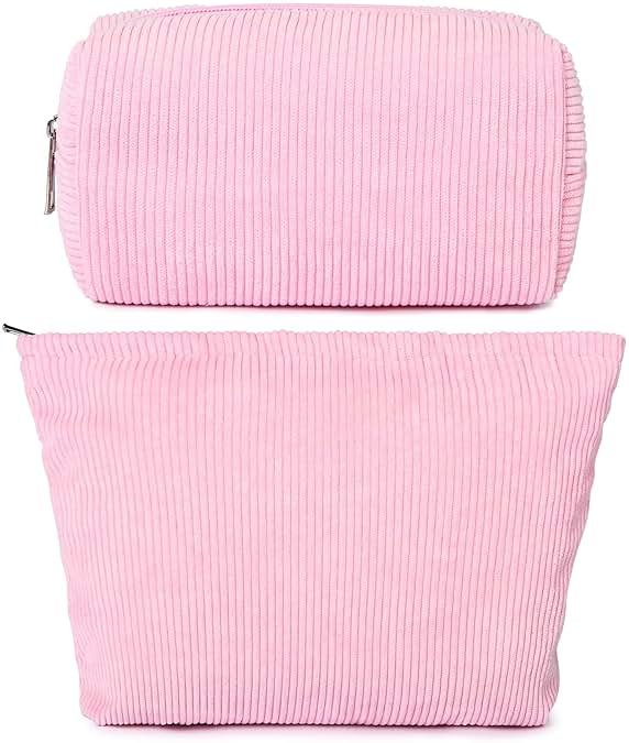 SOIDRAM 2 Pieces Makeup Bag Large Corduroy Cosmetic Bag Capacity Canvas Mix Travel Toiletry Bag Organizer Cute Makeup Brushes Aesthetic Accessories Storage Bag for Women,Corduroy Mix Hot Pink - Product Image