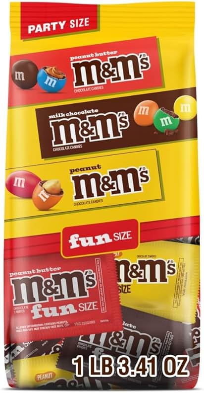 M&M'S Milk Chocolate, Peanut & Peanut Butter Fun Size Variety Pack, Party Size, 19.41 Oz Bulk Candy Bag - Product Image