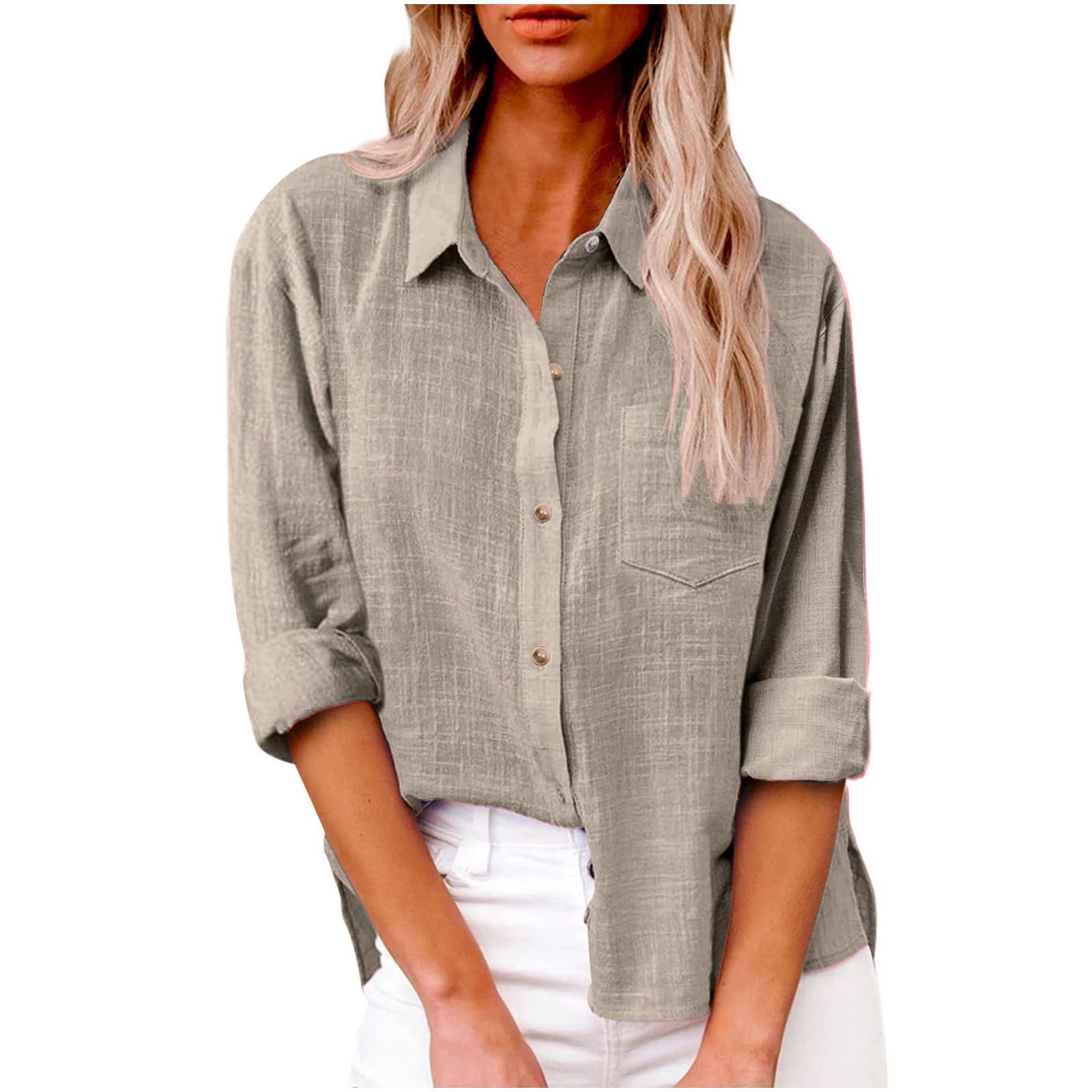 Long Sleeve Button Down Shirts for Women Plus Size Cotton Linen Business Casual Tops Fall Fashion Blouses 2023 - Product Image