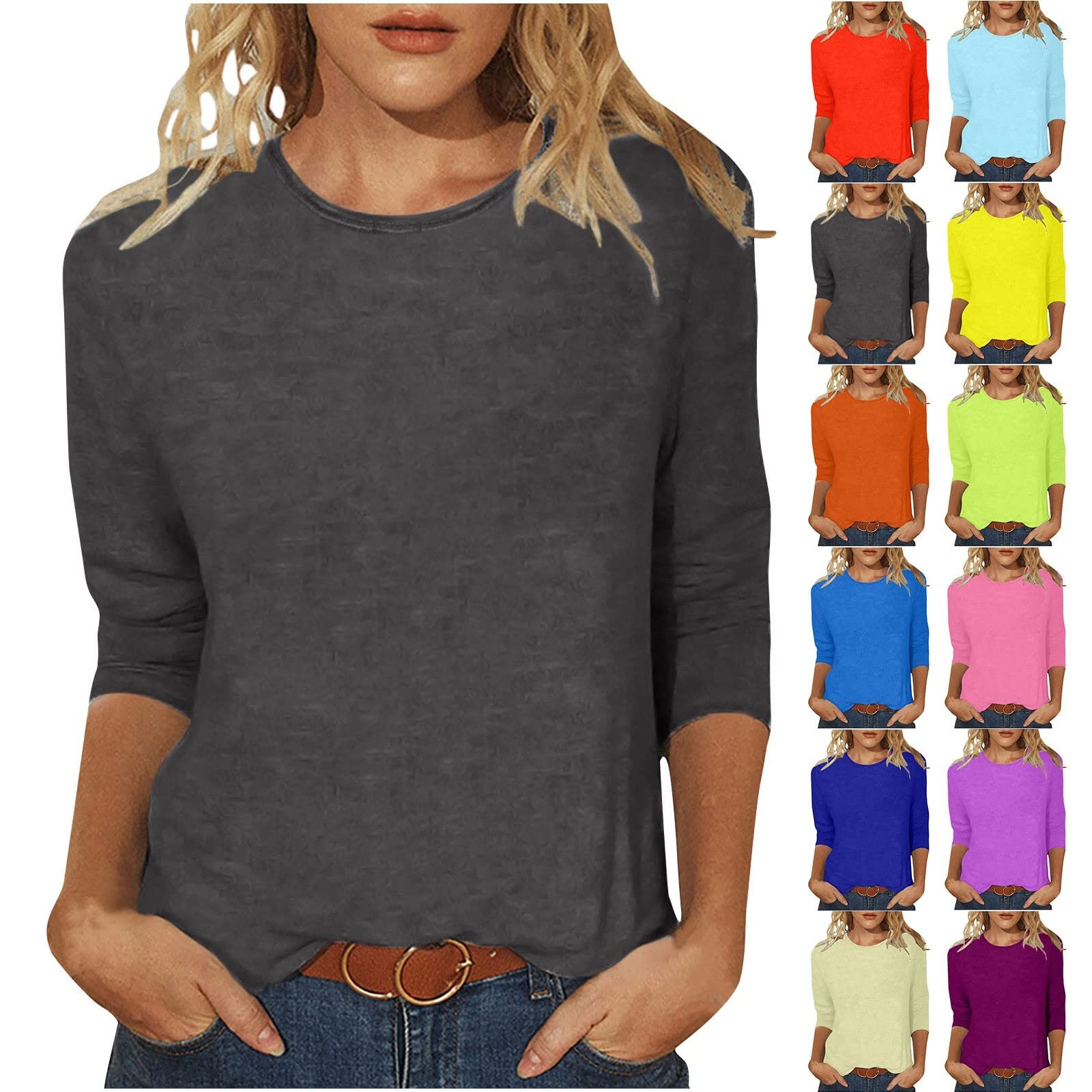 Plus Size Long Sleeve Tops for Women Causal Solid Color Crewneck Tunic Shirts Loose Comfy 3/4 Sleeve Blouses - Product Image