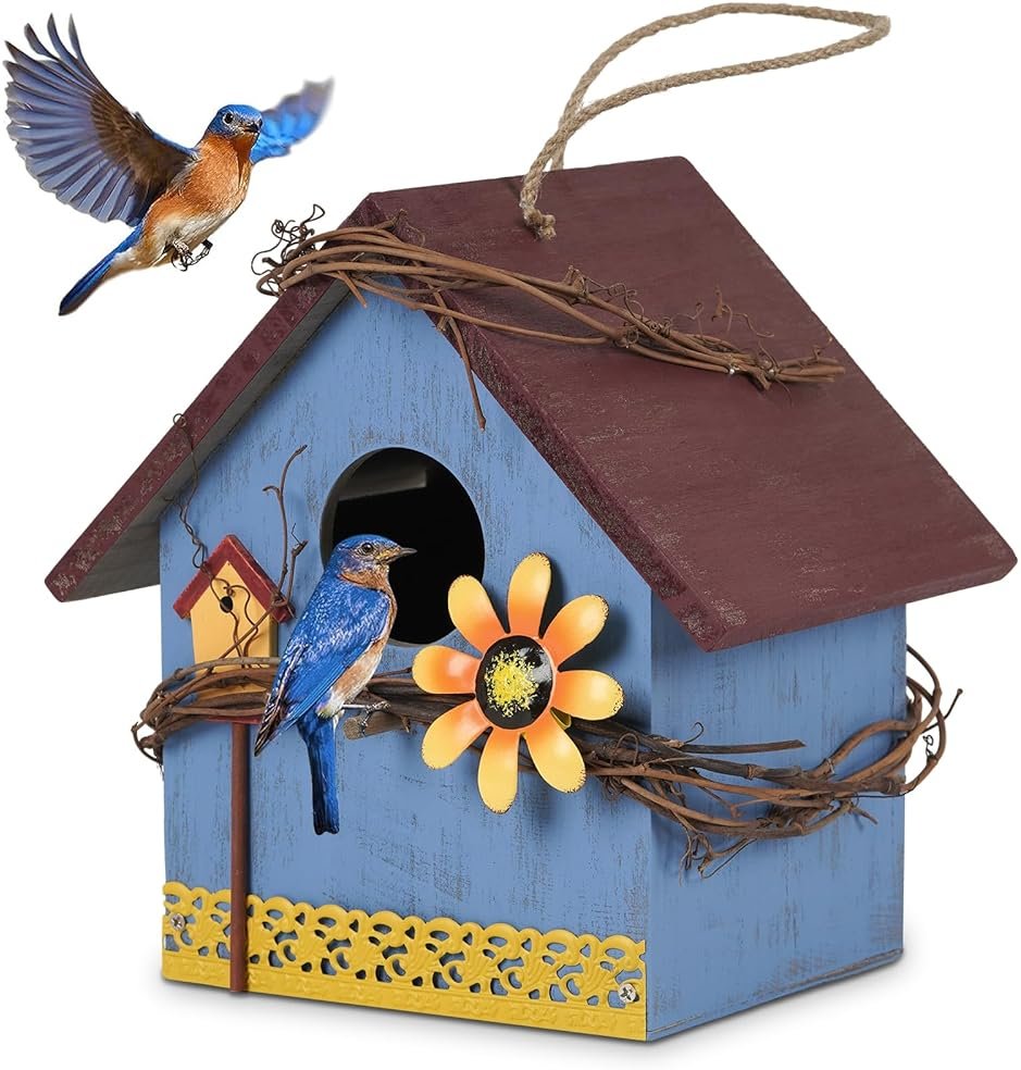 AHUONEL Hanging Bird Houses for Outside Decorative Birdhouse, Garden Bird Feeders for Outdoors, Blue Wooden Bird Nest Box for Wren Finchs Hummingbird Cardinal Bluebird Wild Birds, Gift for Bird Lovers - Product Image