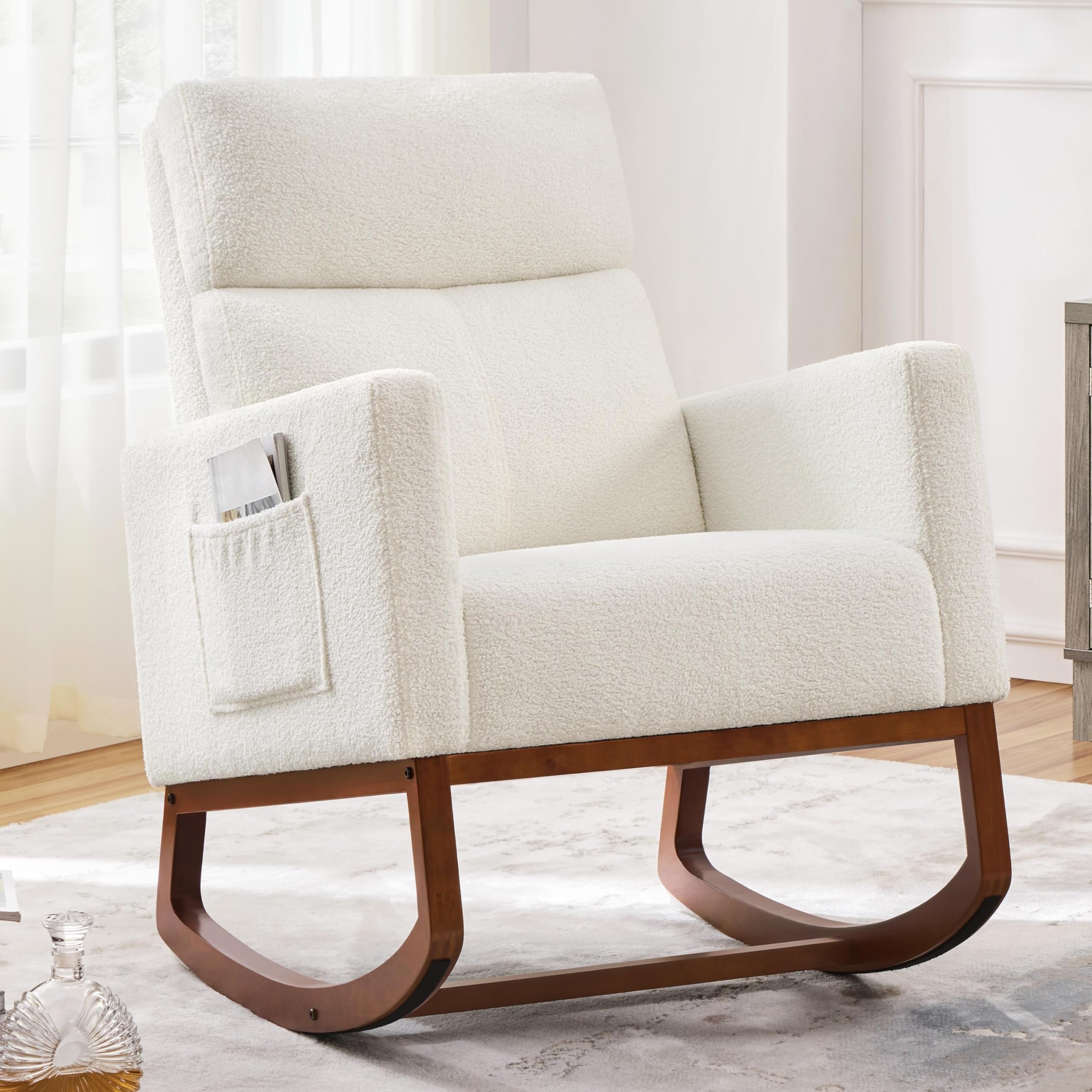 Yaheetech Upholstered Rocking Chair, Boucle Glider Chair Nursery Chair with High Back and Side Pocket, Rocking Accent Armchair with Rubber Wood Legs for Living Room/Bedroom/Nursery, Ivory - Product Image