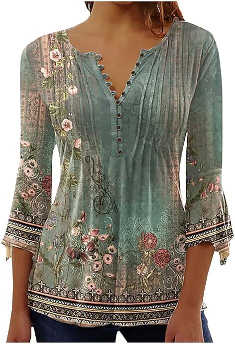 Fall Tops for Women 2025 Trendy Floral Print Tunic Shirts 3/4 Sleeve Bell Sleeve Button Down v Neck Blouses - Product Image