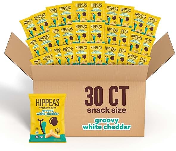 HIPPEAS Chickpea Puffs, Groovy White Cheddar, Gluten Free Snacks, Dairy Free, Vegan, 0.8oz, Pack of 30, 3g Protein, 2g Fiber, Crunchy, Nutritious, Baked Plant Protein Snack, Non-GMO, Kosher - Product Image