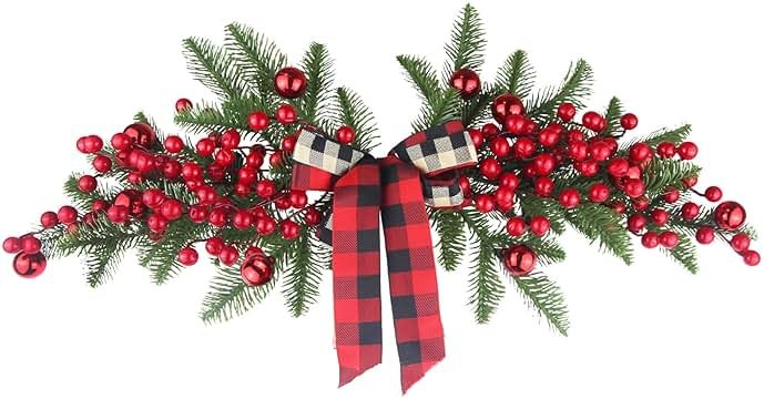 CITYES Christmas Swag Decoration Floral Swag with Berries and Ribbon Bows Christmas Balls 27.56 Inch Greenery Christmas Swag Xmas Door Swag for Front Door Festival Decor Wall Arch Window - Product Image