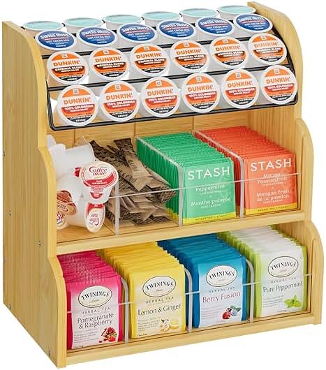 LASZOLA Bamboo Tea Bag and Coffee Holder Organizer for Cabinet Counter Office, 3 Tier Large Capacity Vertical K Cup and Tea Packet Storage Rack, Sturdy Display Stand, Easy Assemble - Product Image