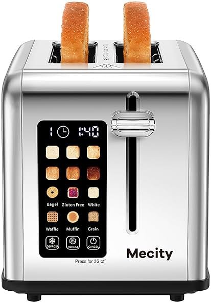 Mecity 2 Slice Toaster Touch Screen 1.5" Wide Slot, Stainless Steel Smart Bread Toaster for Bagel Muffin Waffle Gluten Free Breads, Timer, Defrost, Reheat, 120V 825W - Product Image
