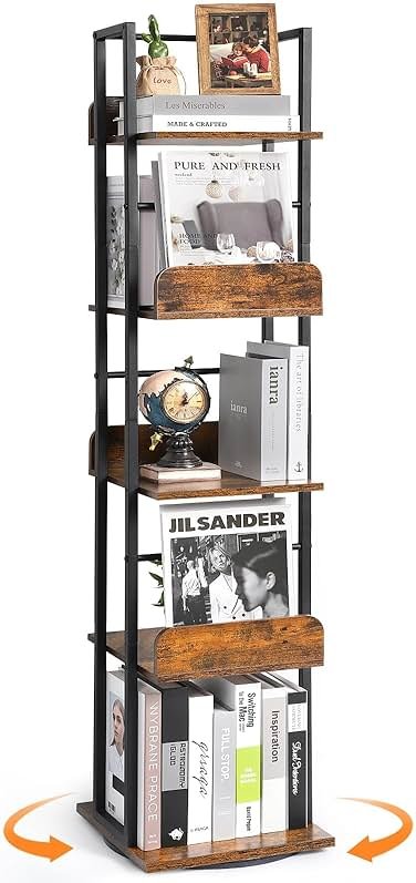 Bikoney Rotating Bookshelf, 360 Display Spinning Bookshelf Tower, 5-Tier Narrow Bookcase, Tall Industrial Book Shelf Organizer, Small Corner Book Shelves for Living Room, Black - Product Image
