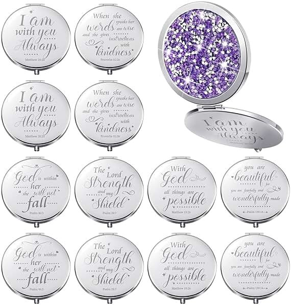 Thyle 12 Pcs Compact Mirror Bulk Gifts Christian Pocket Mirror for Confirmation Favors Catholic VBS Women Bible Verse Wallet Makeup Compact Religious Baptism(Same,Purple) - Product Image