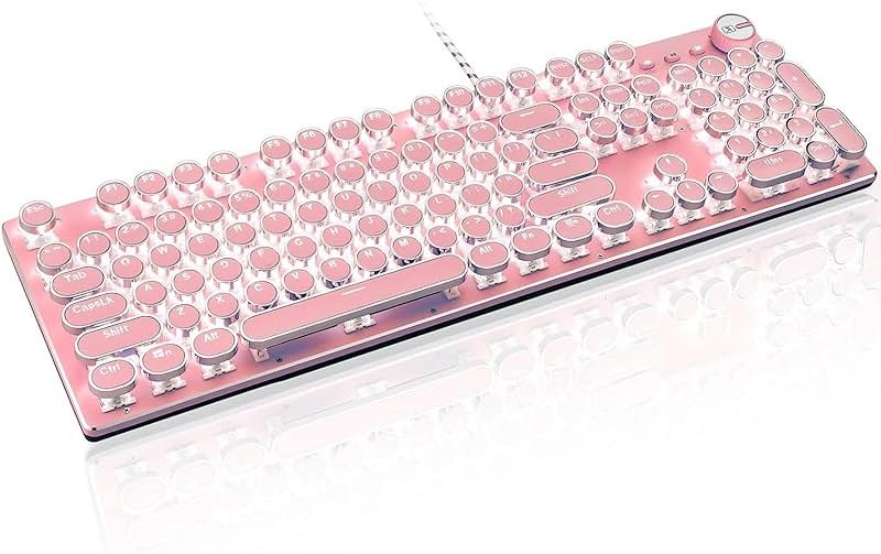 Typewriter Style Retro Wired Mechanical Gaming Keyboard, Vintage Steampunk with White LED Backlit, 104-Key Anti-Ghosting Blue Switch Cute Keyboard, Round Keycaps Knob Control for PC/Win/Mac/Laptop - Product Image