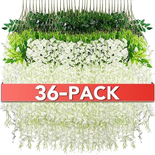 Alotiki Wisteria Hanging Flowers,36 Pack Fake Hanging Flowers,Wisteria Artificiales Garland for Home Wedding Arch Floral Party Garden Ceremony Outdoor Decor,3.6 Feet Long(36,White) - Product Image