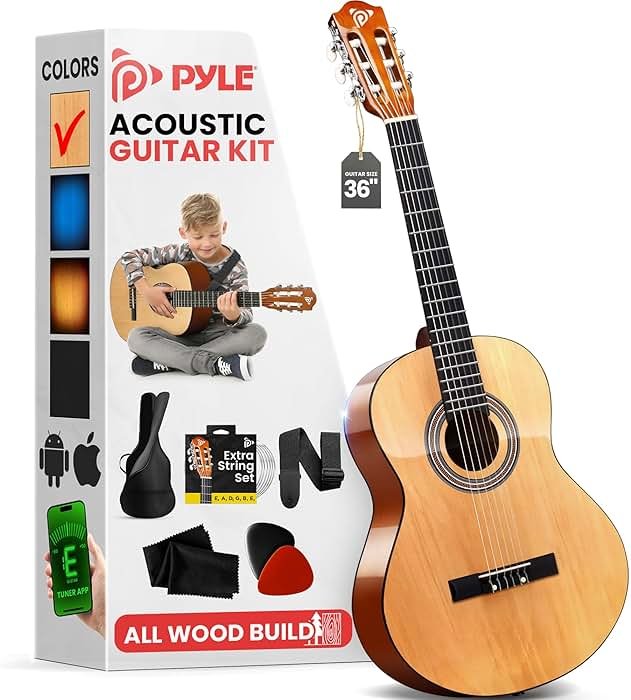 Pyle Beginner Acoustic Guitar Kit, 3/4 Junior Size All Wood Instrument with Full Accessory Kit, Picks, Shoulder Strap, Carry Case, Cleaning Cloth, Tuner App, 2 Month Lessons, 36” (Ash Gloss) - Product Image