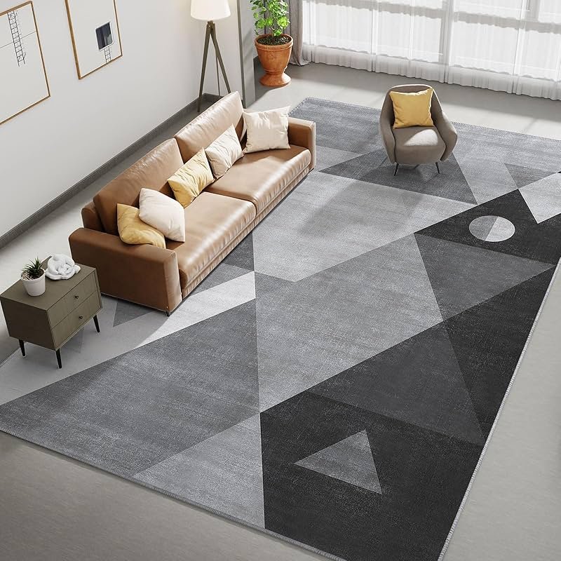 HOMFINE Washable Modern Area Rug - Geometric Style 5x7 Rugs for Living Room, Bedroom, Machine Washable Rug Soft Non Slip Non Shedding Area Rug - Grey, 5'x7' - Product Image