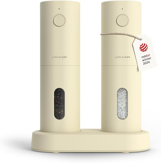 LARS NYSØM Electric Salt and Pepper Grinder Set, USB Rechargeable, Automatic Salt and Pepper Mills, Spice Shakers Refillable with LED Light, Adjustable Coarseness, Ceramic Grinder (Butter Cream) - Product Image