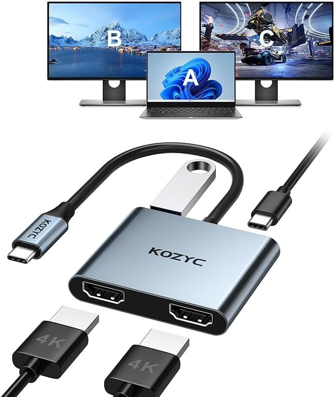 USB C to Dual HDMI Adapter 4K@30Hz, KOZYC USB C Hub Multiport Adapter with 2xHDMI, USB 3.0, 100W PD, Support USB C to HDMI Splitter Extended Display for MacBook Pro (MST is not Supported on MacOS) - Product Image