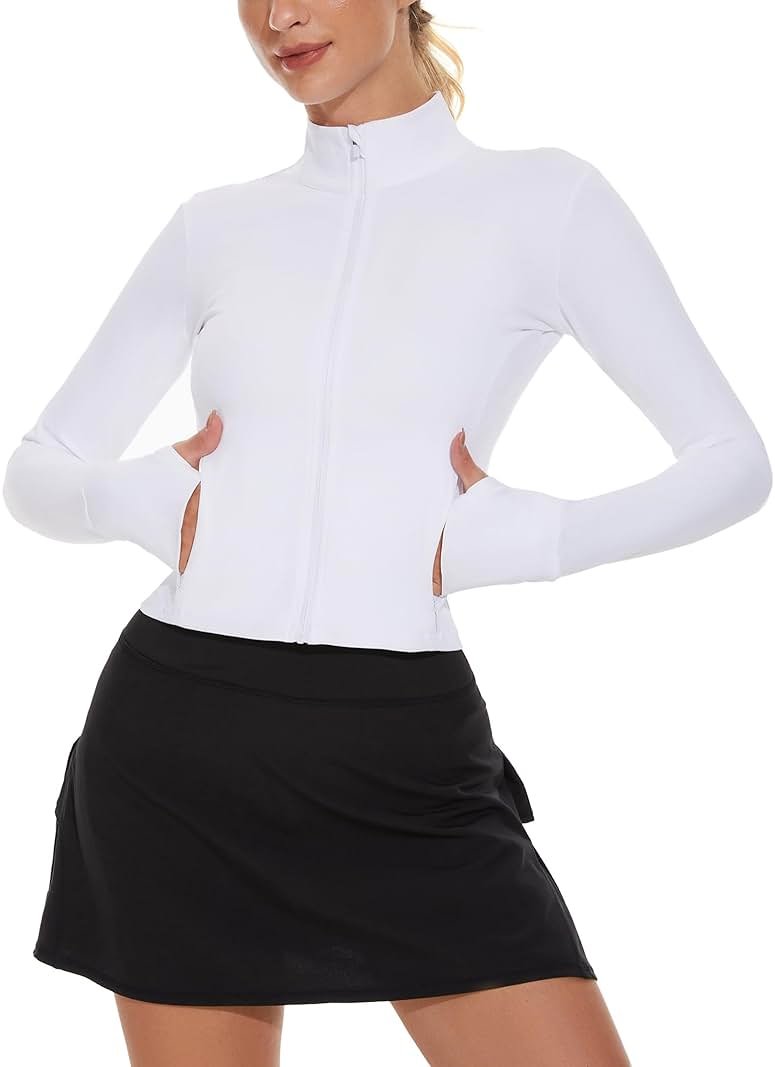 M MOTEEPI Cropped BBL Jackets for Women Running with Zip Pockets Workout Athletic Full Zip Jackets Yoga Gym Thumb Holes - Product Image