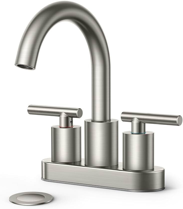 FORIOUS Brushed Nickel Bathroom Faucet 2 Hole, 4 Inch Centerset Bathroom Sink Faucet Brushed Nickel with Pop-up Dain, 24" CUPC Hoses, 360° Swivel Gooseneck for RV Basin - Product Image