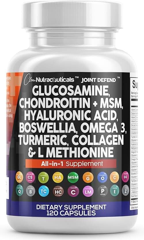 Clean Nutraceuticals Glucosamine 1500mg Chondroitin 1200mg MSM with Turmeric Curcumin, Collagen, Hyaluronic Acid, Omega 3 – Joint Health Supplement for Men & Women – Joint Complex – 120 Count - Product Image