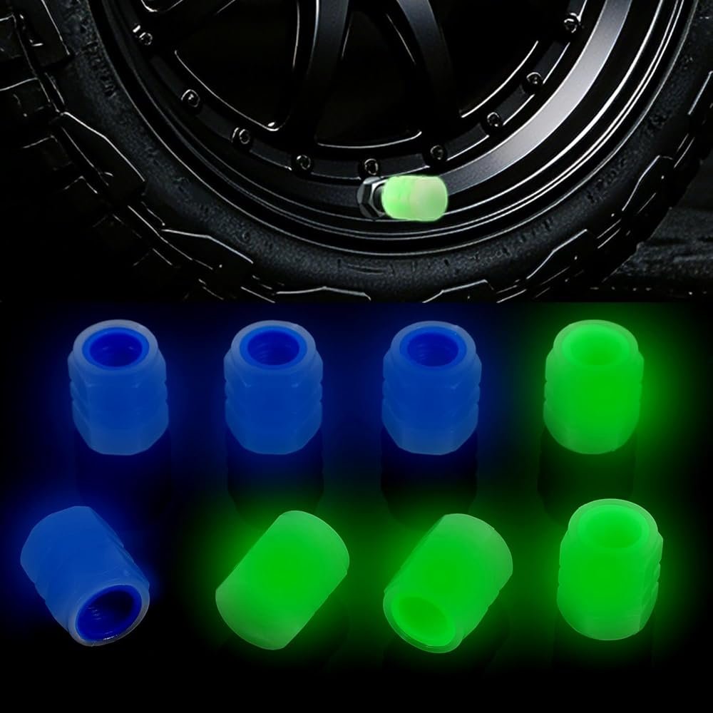 Tire Valve Stem Caps, 8PCS Fluorescent Glow in The Dark Air Valve Cap, Universal Decoration Accessories Cool Car Present for Car SUV Truck Motorcycles Bicycle (Blue/Green) - Product Image