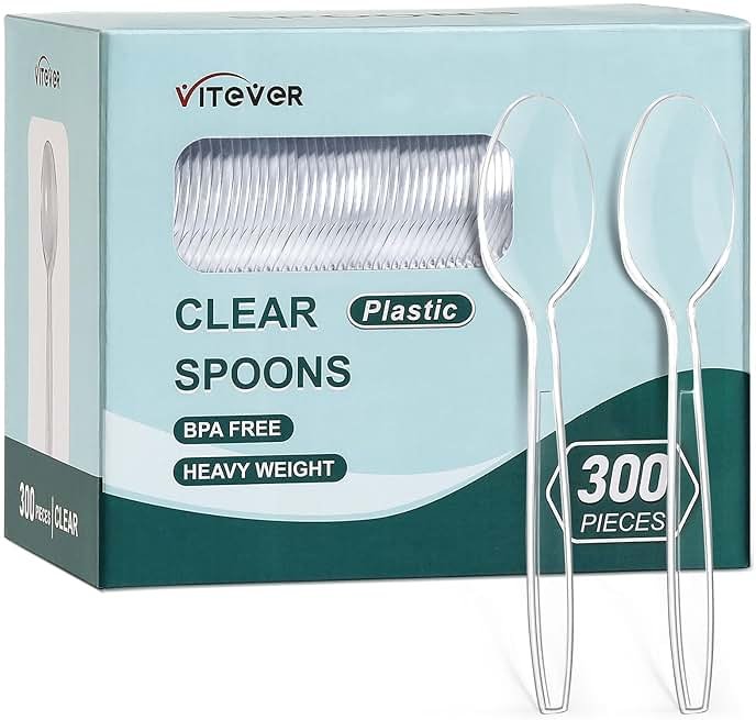 [300 Count] Clear Heavy Duty Plastic Spoons, Disposable Silverware Spoons Bulk, Plastic Cutlery Utensils Set, Solid - Product Image
