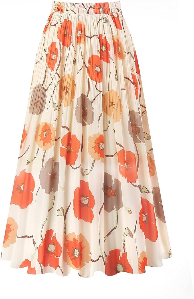 Kingfancy Women's Pleated Skirt Chiffon Elastic Waist A-Line Midi Length Skirt - Product Image