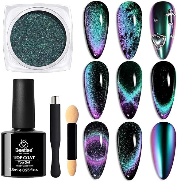 Beetles Cat Eye Chrome Nail Powder Set, 2 in 1 Holographic Metallic Mirror Effect Chameleon Galaxy Powder with No Wipe UV Gel Top Coat Magnet for Velvet Metallic Nail Art - Product Image
