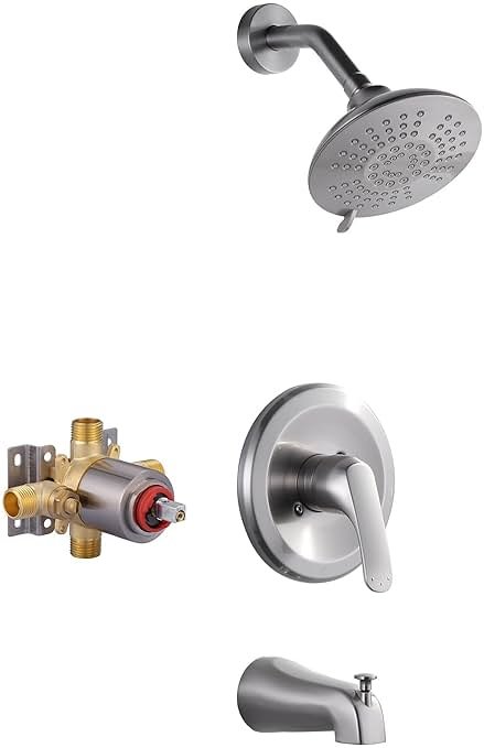Shower Faucet with Valve, Brushed Nickel Bathroom Tub Shower Faucet Kit, Single Handle Rain Shower Head with Tub Spout, Solid Brass Shower Tub Faucet Set Complete, Bathtub Faucet with Shower - Product Image