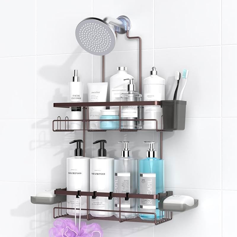 AKTECKE Shower Caddy Hanging Bathroom Organizer: Rustproof Shelf for Inside Shower - No Drilling, Over Showerhead - Bath Shelves for Shampoo, Soap - Bronze - Product Image