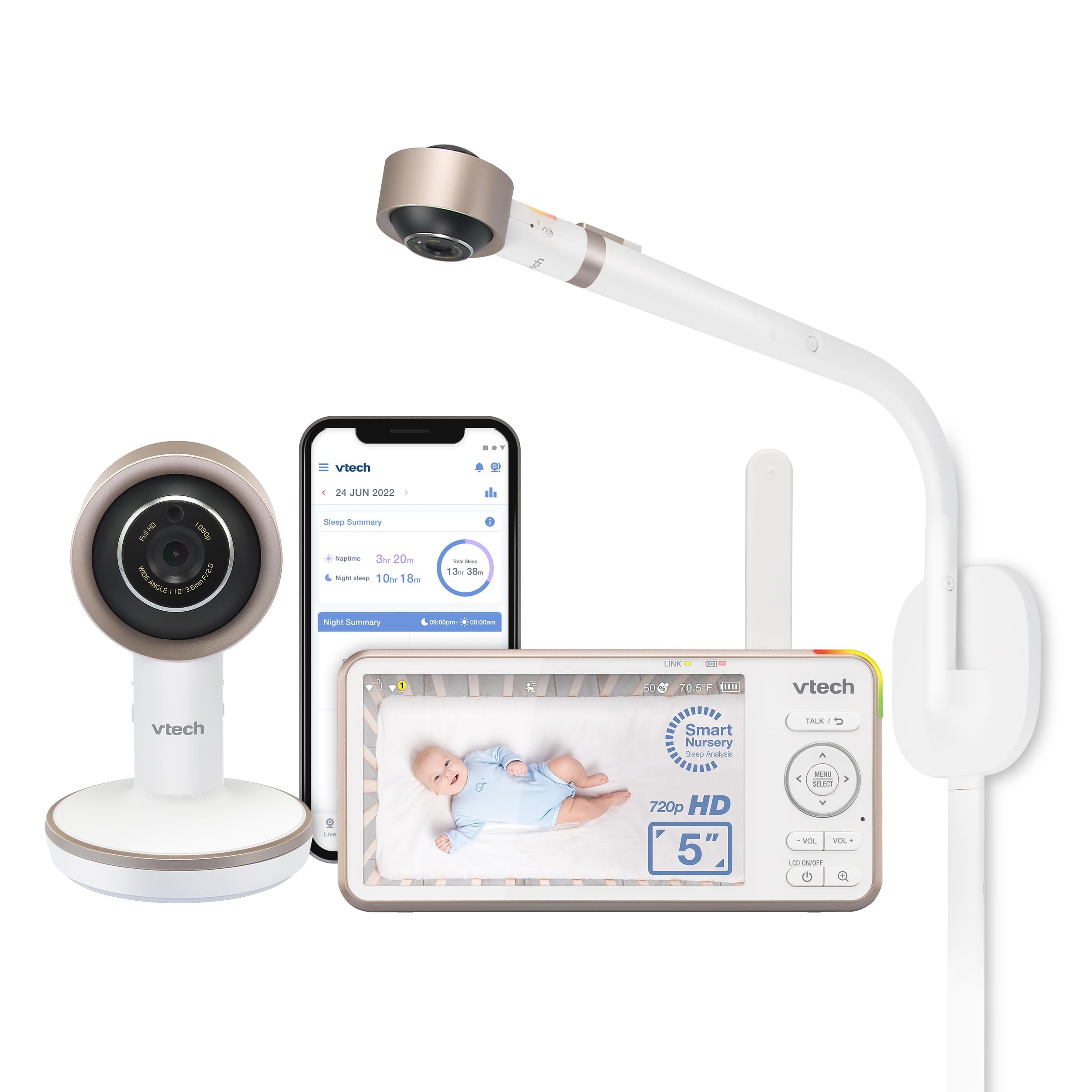 VTech V-Care VC2105 1080p FHD Over-The Crib Mount Smart Baby Monitor 5” 720p LCD Screen,Table Stand,Remote Access,Versatile Placement,Intelligence Detection, Sleep Analysis,18hrs Recording,with WiFi - Product Image