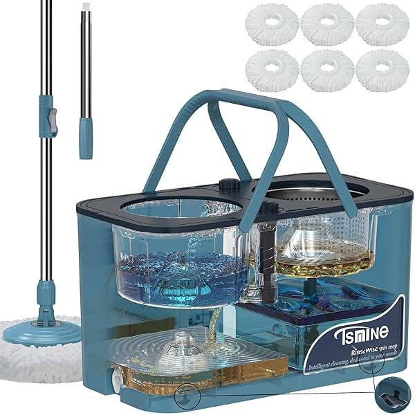 Spin Mop for Large Homes & Big Floor Cleaning, Clean & Dirty Water Separation Mop Bucket for Family & Pet Homes,4-Chamber System, Glide Wheels, Safe for Hardwood & Tile, Adjustable Handle, 6 Mop Heads - Product Image