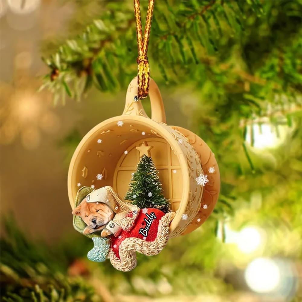 Personalized Dog Chow Chow Sleeping in A Tiny Cup Christmas Ornament, Custom Name, Ornament 2D Flat Shape, Gift for Dog Lovers, Christmas, Birthday, Holiday - G28 - Product Image