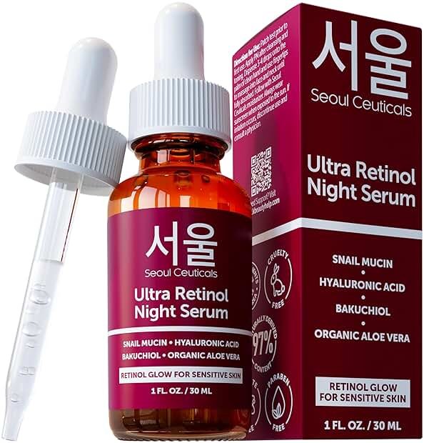 SeoulCeuticals 1% Korean Retinol Night Serum for Face - 97.5% Snail Mucin + Hyaluronic Acid + Bakuchiol, Cruelty Free K Beauty for Sensitive Skin 1oz - Product Image