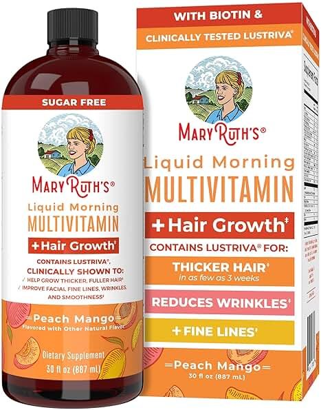 MARYRUTH'S Liquid Multivitamin + Hair Growth | Clinically Tested in Women for Thicker Hair & Facial Wrinkles | Biotin 10000mcg | Lustriva Hair Growth Supplements | Skin Care | Ages 18+ | 30 Fl Oz - Product Image