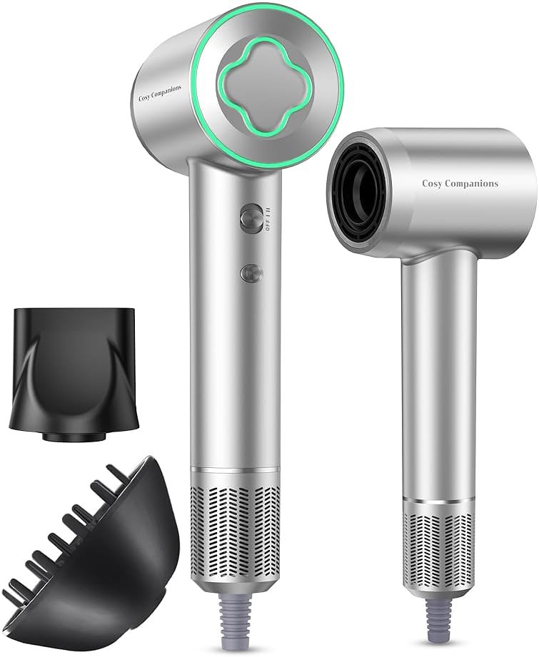 Cosy Companions High-Speed Ionic Hair Dryer, 150000 RPM Brushless Motor for 2-5Min Fast Drying, Low Noise Blow Dryer Reduces Frizz & Heat Damage, Lightweight Hair Dryer with Diffuser & Nozzle, Silvery - Product Image