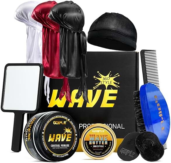Wave Pomade for Men Strong Hold Easy Wash 360 Wave Training Hair Cream, Waves Grease for Men Promotes Layered Waves, Moisture, Silky Shine, Wave Pomade Wave Brushe Silky Durag Wave Cap Set (Blue) - Product Image