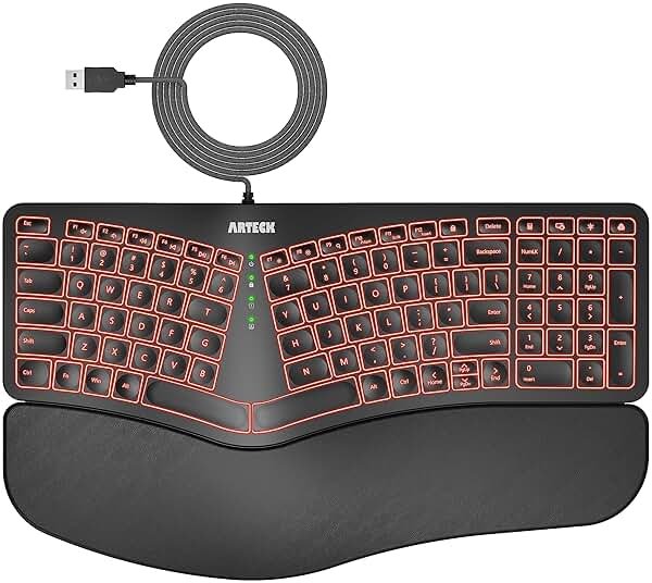 Arteck Ergonomic USB Wired Keyboard with Cushioned Wrist & Palm Rest, Backlit 7 Colors & Adjustable Brightness Comfortable Natural Split Keyboard with 6 Feet Wire for Windows Computer Desktop Laptop - Product Image