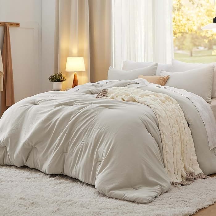 Bedsure Queen Comforter Set, Beige Soft Prewashed Bedding for All Seasons, 3 Pieces GentleSoft™ Bed Set, 1 Lightweight Comforter (90"x90") and 2 Pillowcases (20"x26") - Product Image