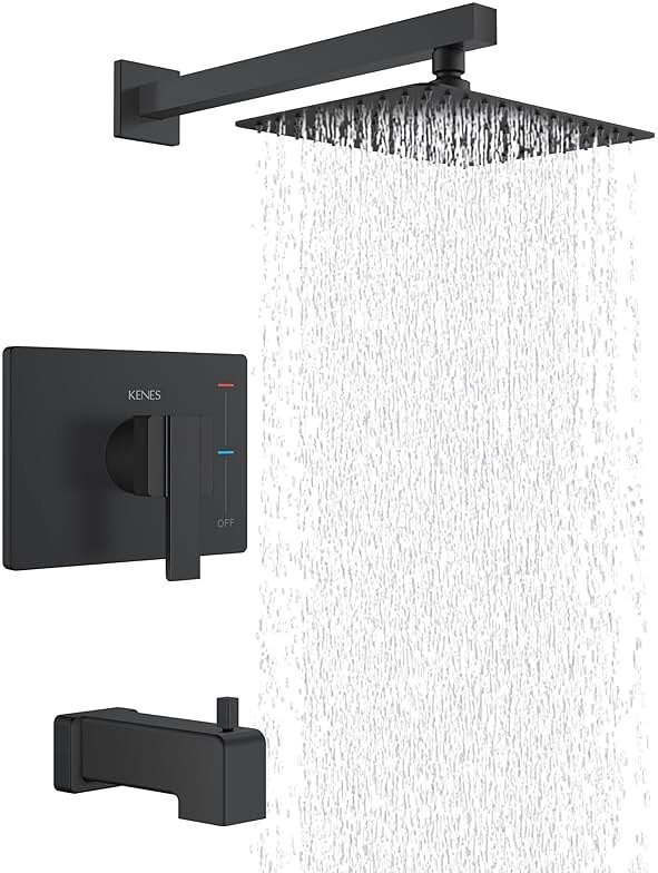 KENES Matte Black Tub Shower Faucet Set Complete with 10-Inch Rainfall Shower Head and Tub Spout, Square Tub and Shower Trim Kit, KE-6024A-2 (Shower Valve Included) - Product Image