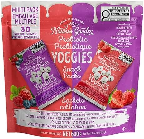 Nature's Garden Probiotic Yoggies Multi Pack, 21oz (Strawberry 15x0.7 oz + Mixed Berry 15x0.7 oz) Yogurt Covered Healthy Snack, High Fiber, Real Fruit Pieces, No Artificial Ingredients, for Adults - Product Image