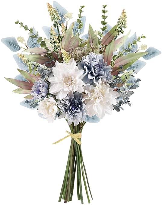 Fake Artificial Flowers Bouquet for Decoration, Silk Floral Arrangements Faux Flowers Plant Wedding Bride Bouquets Tables Centerpieces for Rustic Home Decor Indoor Vase Floral Table Decor (Blue White) - Product Image