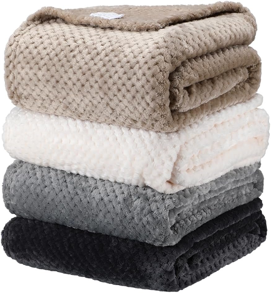 Newwiee 4 Pcs Flanne Fleece Throw Blanket for Bed Couch Large 3D Waffle Textured Soft Blanket Winter Warm Lightweight No Shedding No Pilling Decorative Throw, 50x60 Inch(Neutral Color) - Product Image