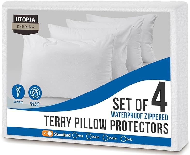 Utopia Bedding Set of 4 Waterproof Pillow Protectors with Zipper Standard Size, Terry Pillow Covers, Bed Bug and Dust Mite Proof Pillow Cases - Product Image