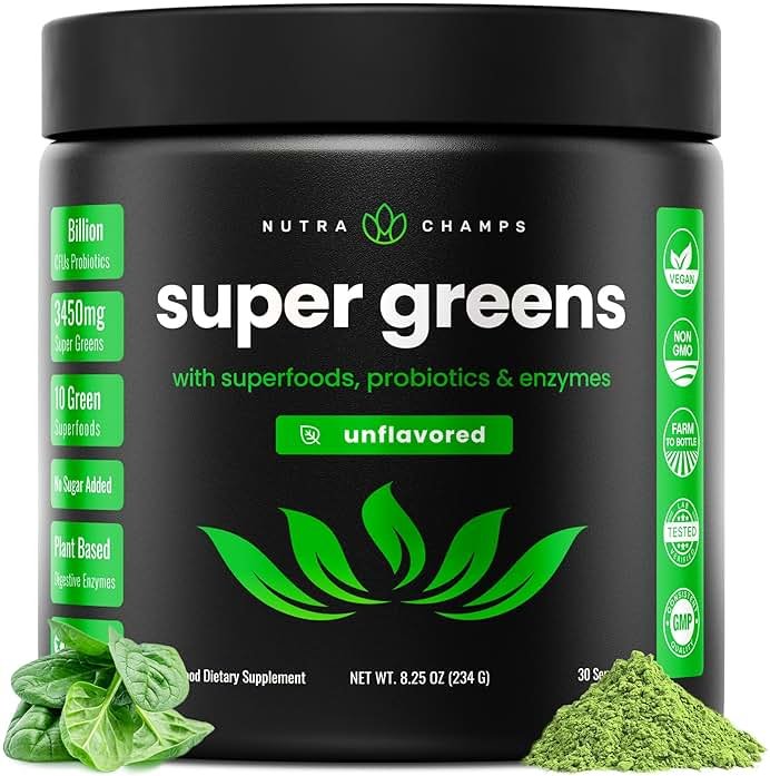 NutraChamps Super Greens Powder Premium Superfood | 20+ Organic Green Veggie Whole Foods | Wheat Grass, Spirulina, Chlorella | Antioxidant, Digestive Enzyme & Probiotic Blends (9.0 Oz, Unflavored) - Product Image