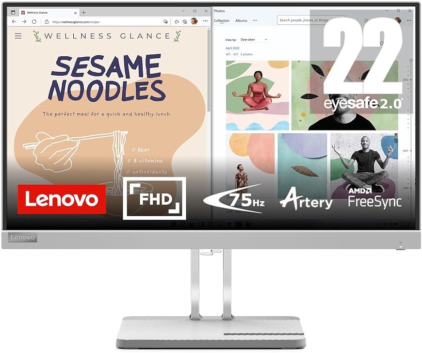 Lenovo L22e-40 Monitor, 21.45” FullHD Resolution, 250 nits Brightness, 75Hz Refresh Rate, AMD FreeSync, HDMI and VGA Ports, Tilt-Adjustable Stand, Natural Low Blue Light, Cloud Grey - Product Image