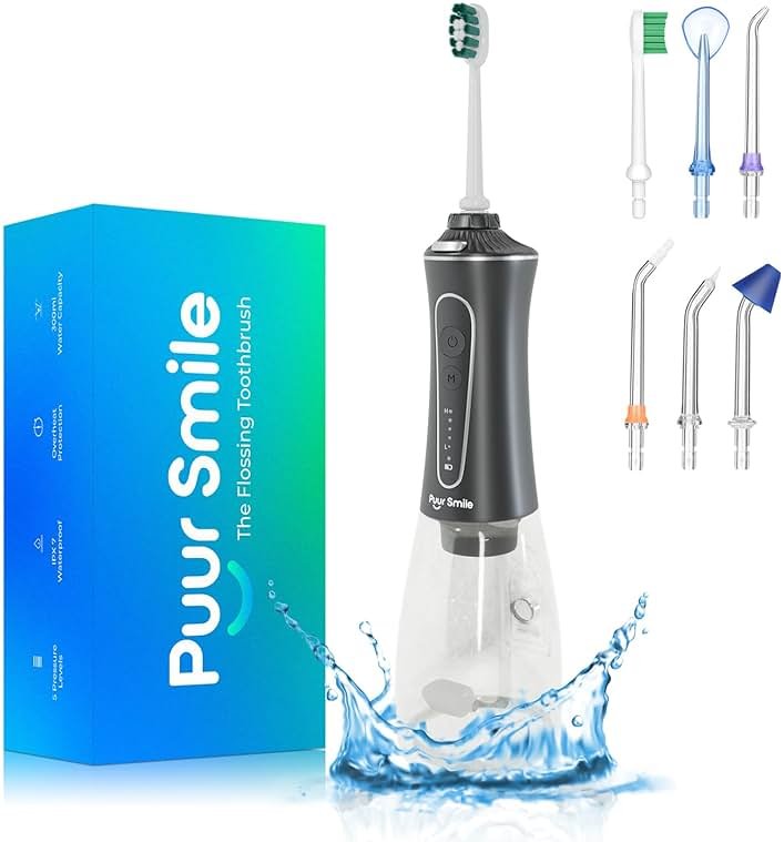 Portable Water Flosser Cordless by Puur Smile - Advanced Dental Care for a Healthier Mouth, Gum, and Teeth - IPX7 Waterproof Oral Irrigator | 7 Replacement Tips, Travel-Friendly, Rechargeable - Product Image