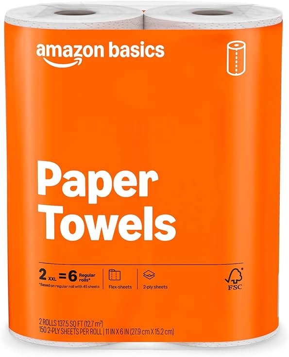 Amazon Basics 2-Ply Flex-Sheets Paper Towels, 2-Pack, 150 Sheets per Roll, 2 Basics Rolls = 6 Regular Rolls, for Everyday Use, Spills and Messes - Product Image