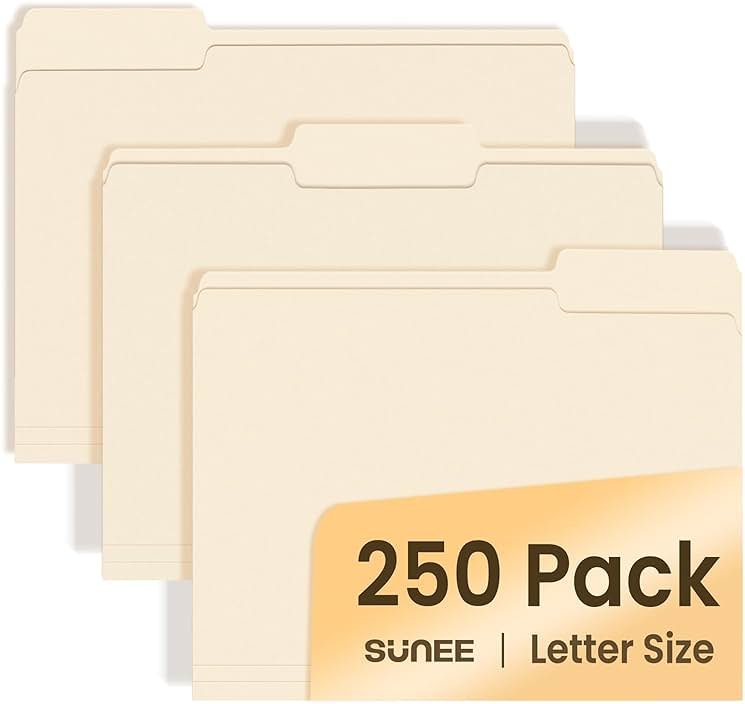 SUNEE Manilla Folders Letter Size (8.5 x 11 inches), 250 Per Box, 1/3 Cut Tab for Easy Labeling and Organization, Durable Standard Paper for Home, Office, School Filing - Product Image