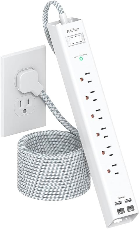 Extension Cord 10 ft - Long Power Strip Surge Protector, 6 AC Outlet 4 USB (2 USB C), Flat Plug, Wall Mount, Multi Plug Outlet Extender Desk Charging Station for Home Office Dorm Room Essentials - Product Image