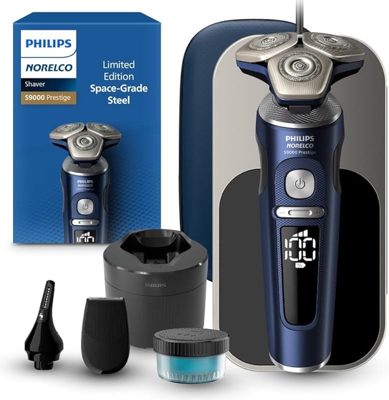 Philips Norelco Shaver Series 9000 Prestige, Wet and Dry Electric Shaver, System, SenseIQ Technology, Precision Trimmer, Nose Trimmer, Qi Charging Pad, Cleaning Pod, Adriatic Blue, SP9886/89 - Product Image